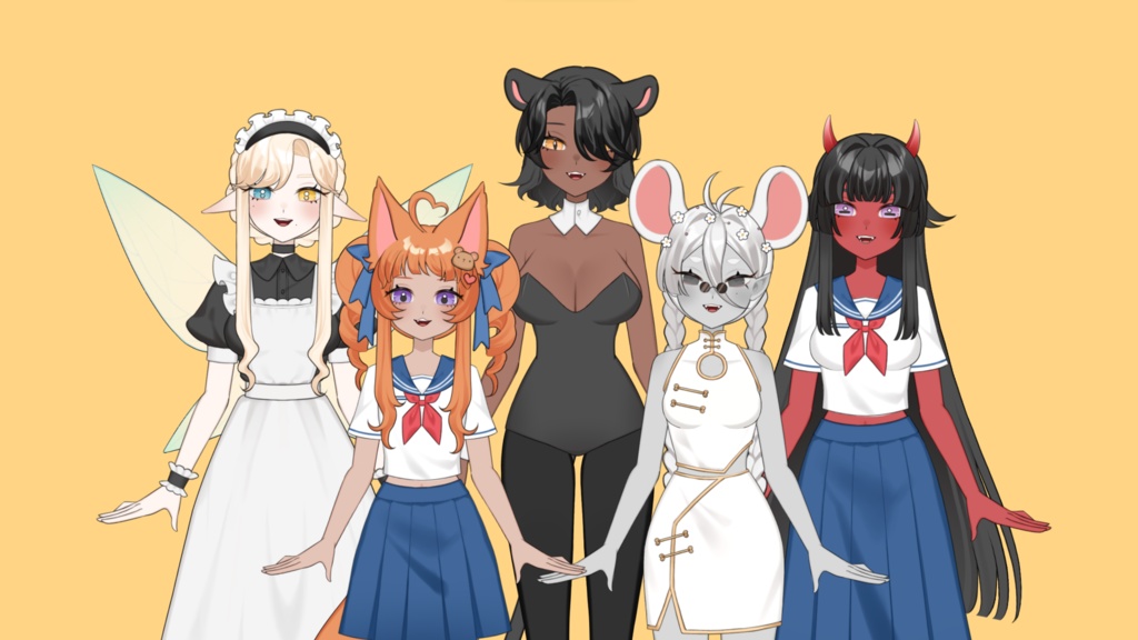 Customisable female VTuber. Multiple body shapes, colours, hair lengths, and clothing options available. Full set of Live2D models provided and ready to use.