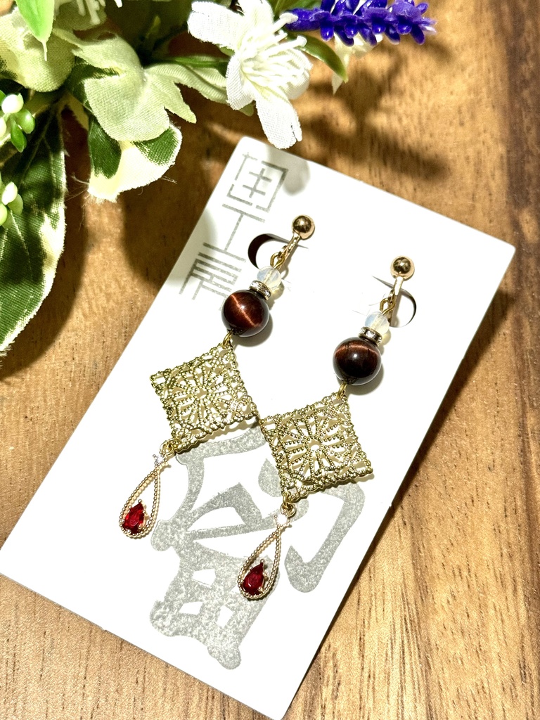 【留】イヤリング-レッドタイガーアイ-[T-08]