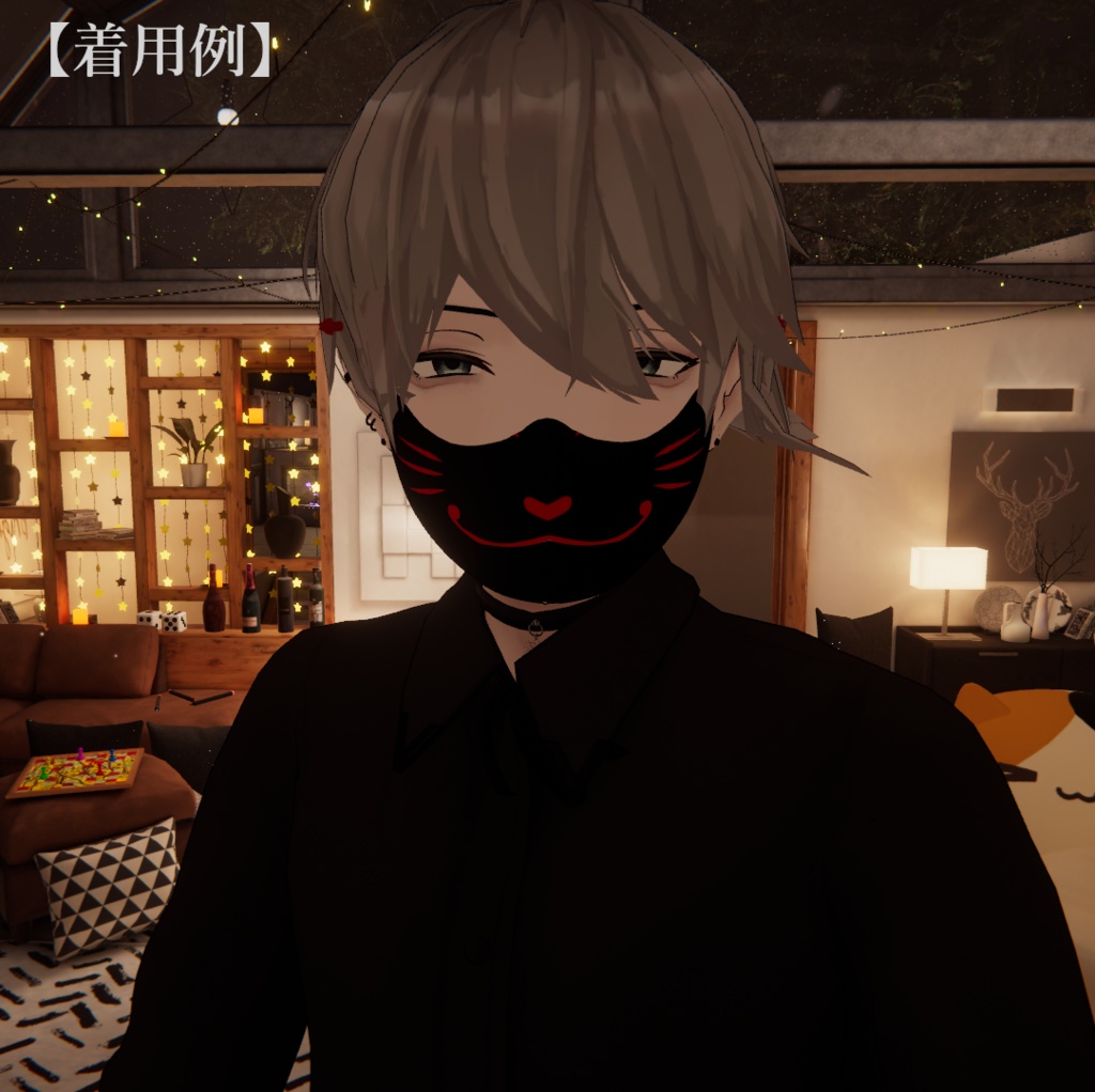 化け猫面 3Dモデル 半面・面頬・面紐・タッセル付