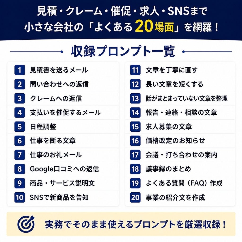 小さな会社・個人事業主のための AI文章業務キット|実務で使える20プロンプト