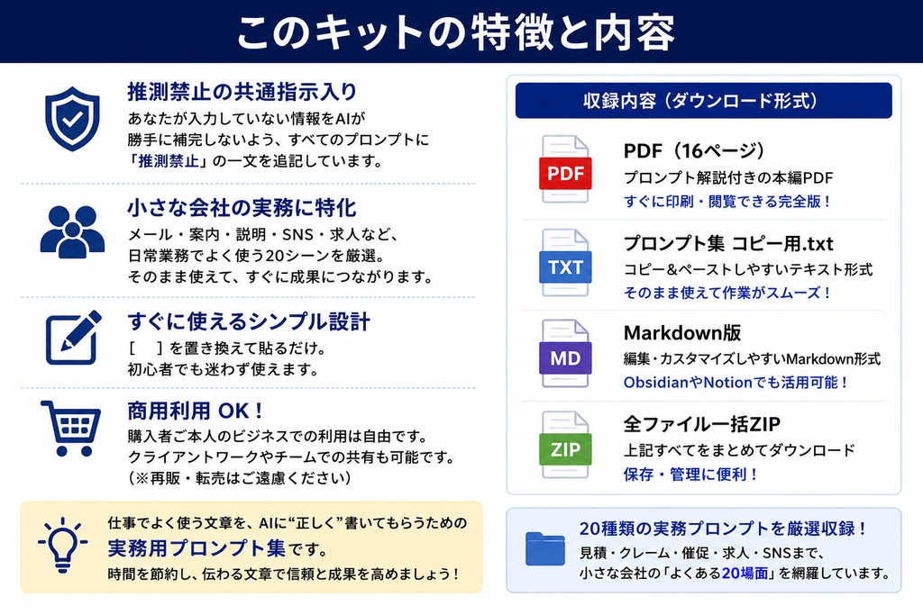 小さな会社・個人事業主のための AI文章業務キット|実務で使える20プロンプト