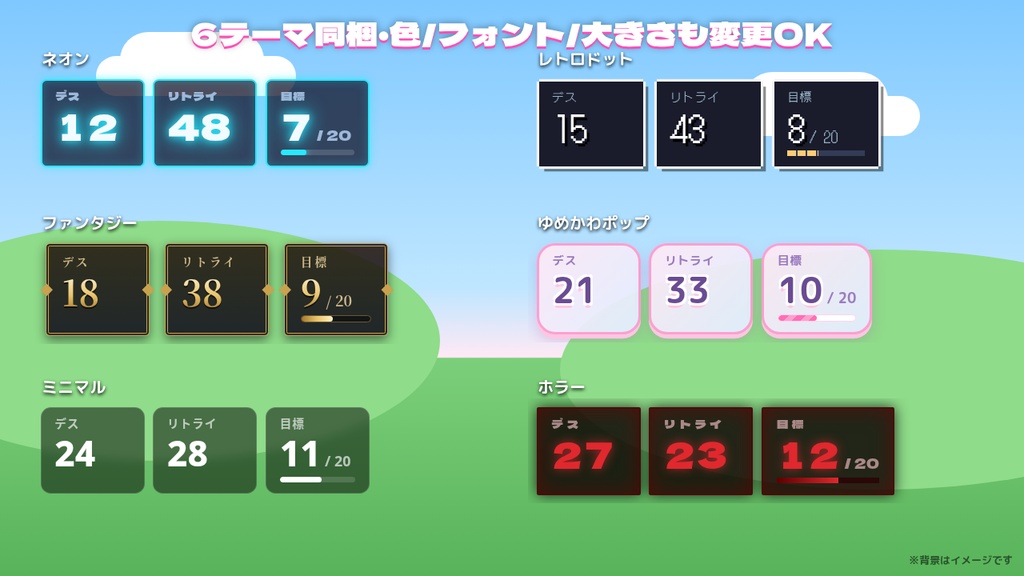 【無料版あり】【OBS用】ゲーム配信チャレンジボード|デス・リトライ・目標カウンター+経過タイマー|6テーマ・ホットキー対応