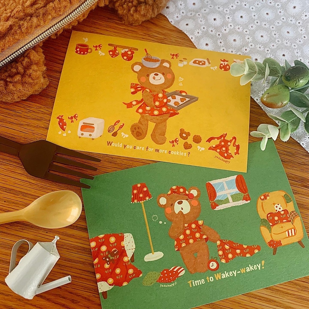 フレークシール&ポストカードセット『お料理クマとねぼすけクマ』