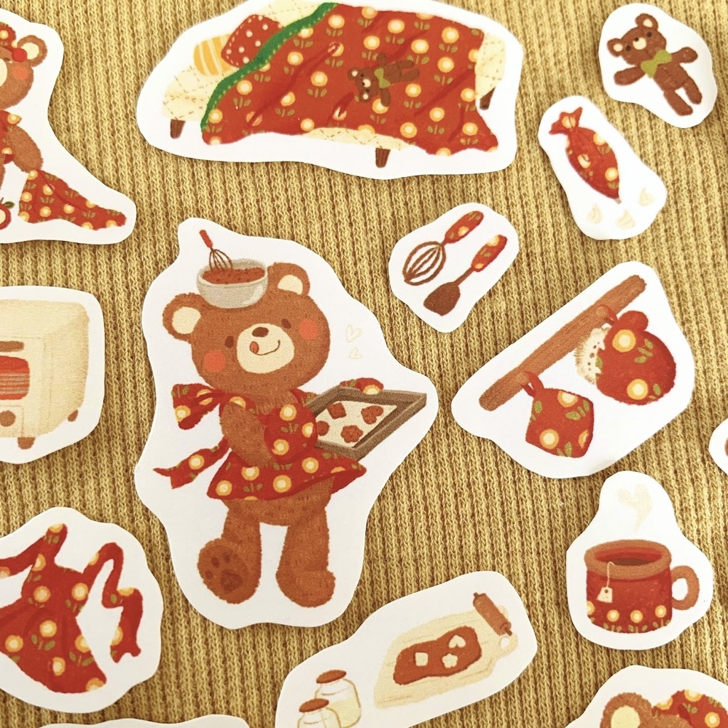 フレークシール&ポストカードセット『お料理クマとねぼすけクマ』