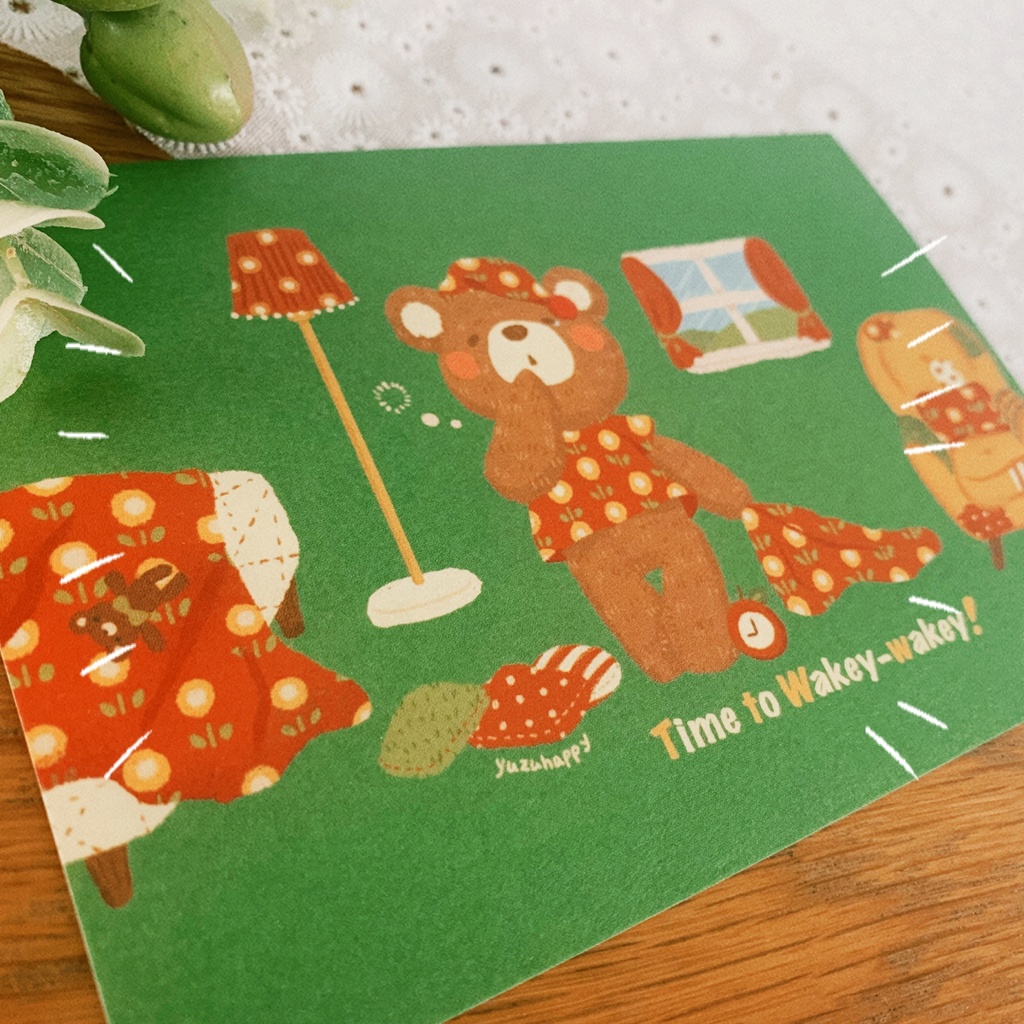 フレークシール&ポストカードセット『お料理クマとねぼすけクマ』