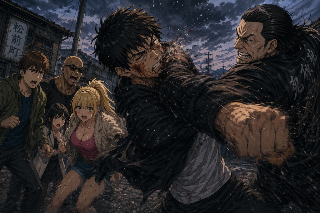 夕暮れの地方都市バトル 3枚セット｜シネマティック群像アクション