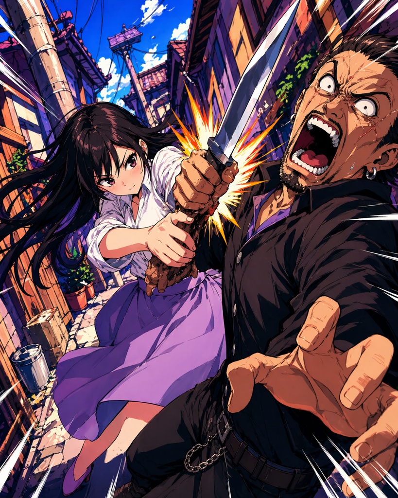 アニメ風バトルイラスト2枚セット｜路地裏アクションシーン・高解像度デジタルアート