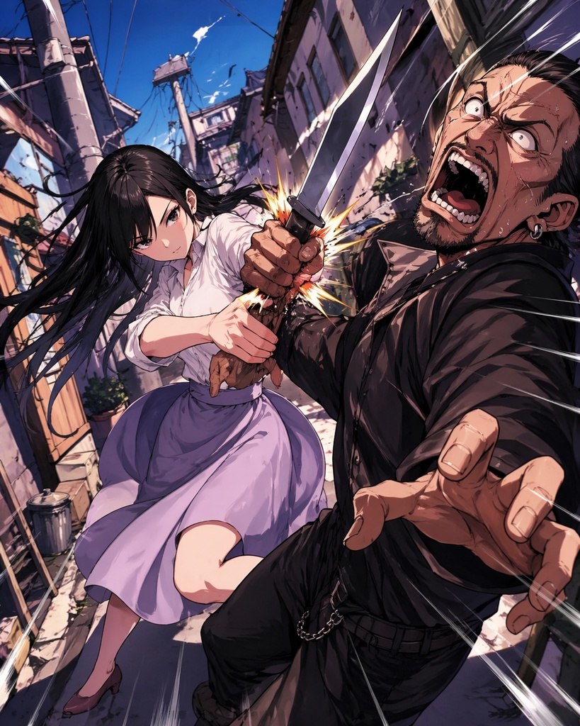 アニメ風バトルイラスト2枚セット|路地裏アクションシーン・高解像度デジタルアート