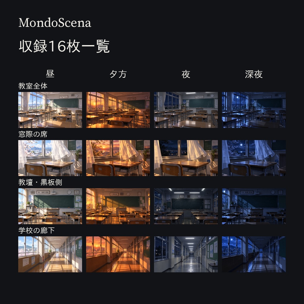 日本の高校背景16枚セット|教室・窓際・黒板・廊下|昼・夕方・夜・深夜