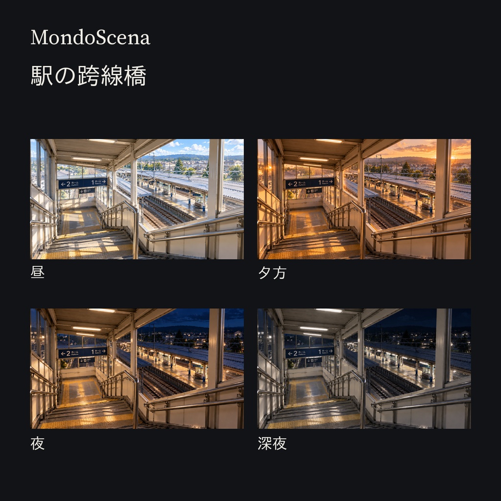 日本の郊外駅背景16枚セット|駅前・改札・ホーム・跨線橋|昼・夕方・夜・深夜