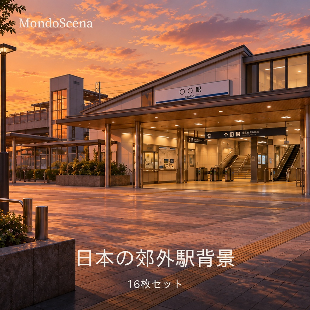 日本の郊外駅背景16枚セット｜駅前・改札・ホーム・跨線橋｜昼・夕方・夜・深夜