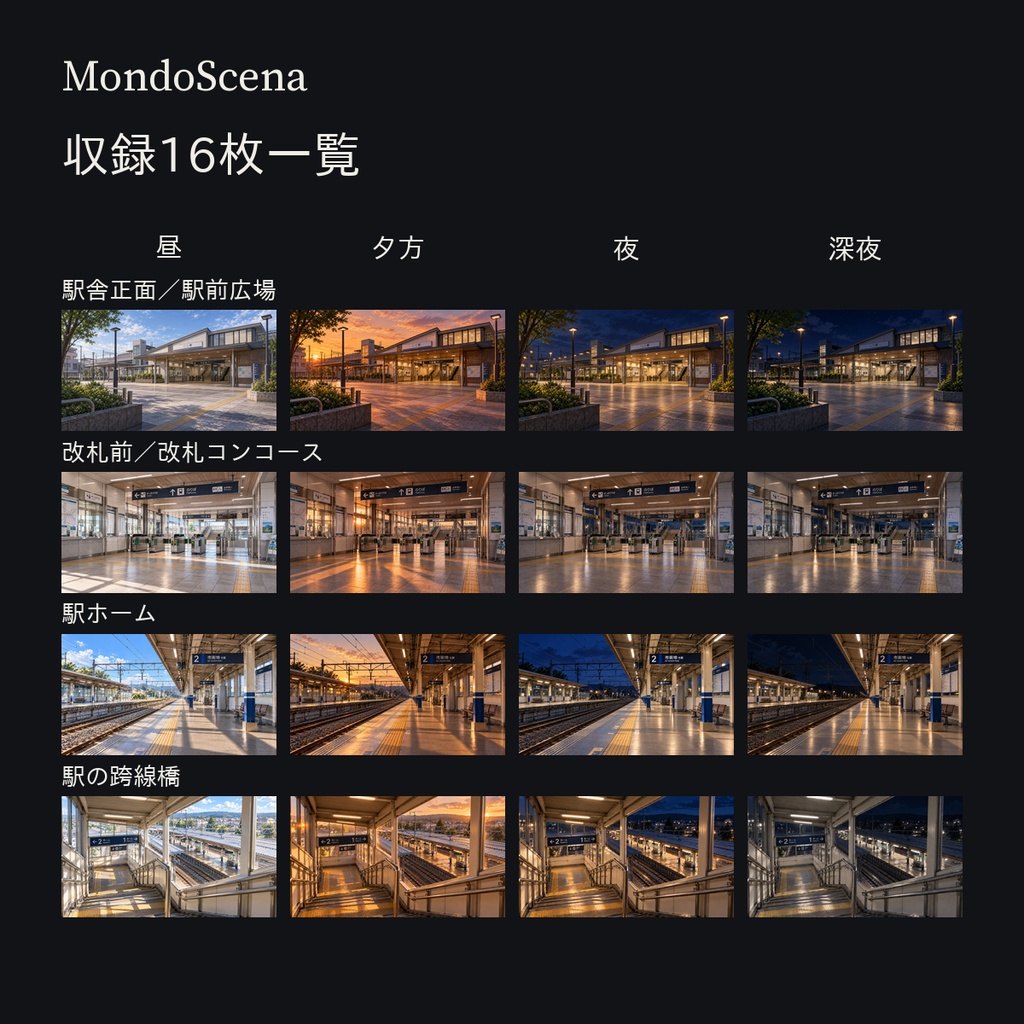 日本の郊外駅背景16枚セット|駅前・改札・ホーム・跨線橋|昼・夕方・夜・深夜