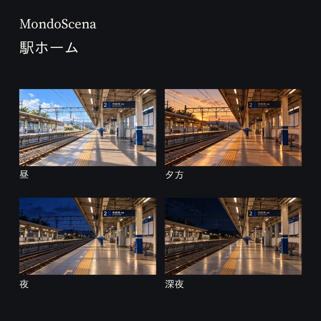 日本の郊外駅背景16枚セット|駅前・改札・ホーム・跨線橋|昼・夕方・夜・深夜