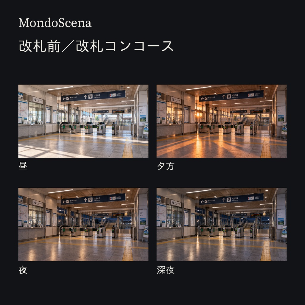 日本の郊外駅背景16枚セット|駅前・改札・ホーム・跨線橋|昼・夕方・夜・深夜
