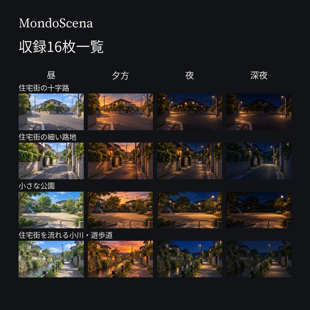 日本の郊外住宅街背景16枚セット|十字路・細い路地・小さな公園・小川/遊歩道|昼・夕方・夜・深夜