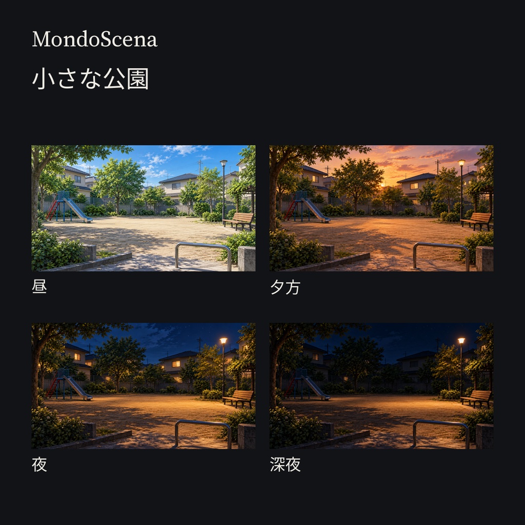 日本の郊外住宅街背景16枚セット|十字路・細い路地・小さな公園・小川/遊歩道|昼・夕方・夜・深夜