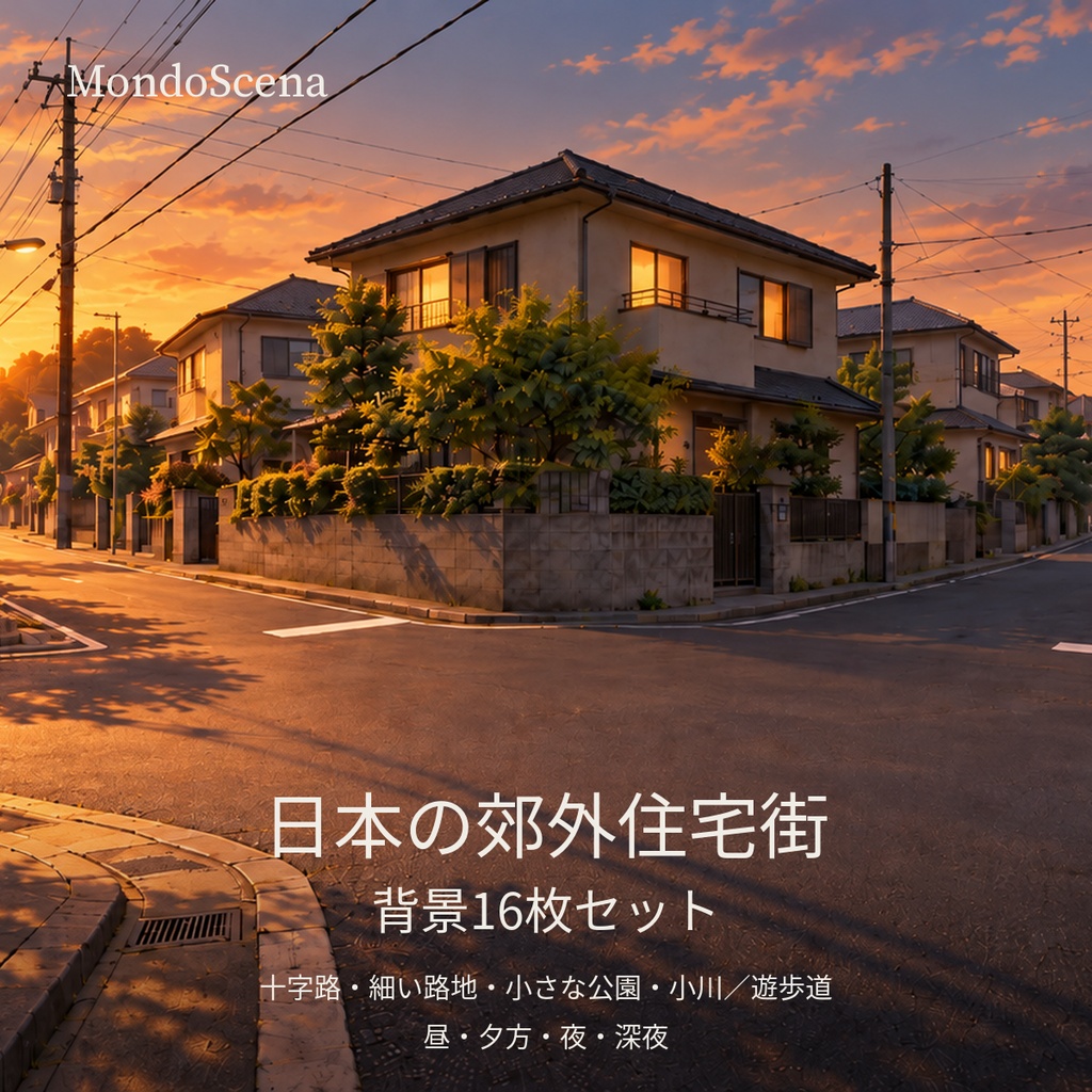 日本の郊外住宅街背景16枚セット｜十字路・細い路地・小さな公園・小川／遊歩道｜昼・夕方・夜・深夜