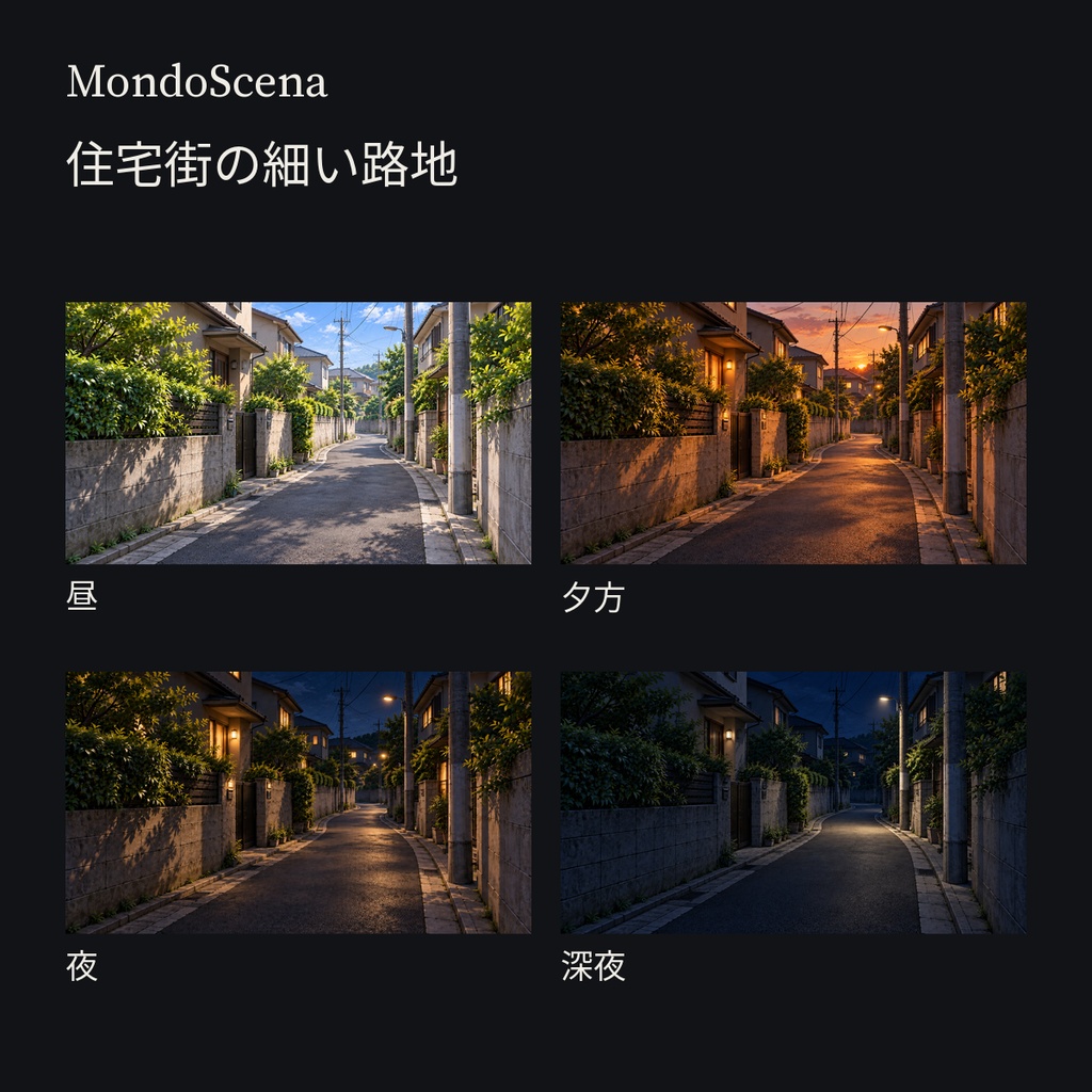 日本の郊外住宅街背景16枚セット|十字路・細い路地・小さな公園・小川/遊歩道|昼・夕方・夜・深夜