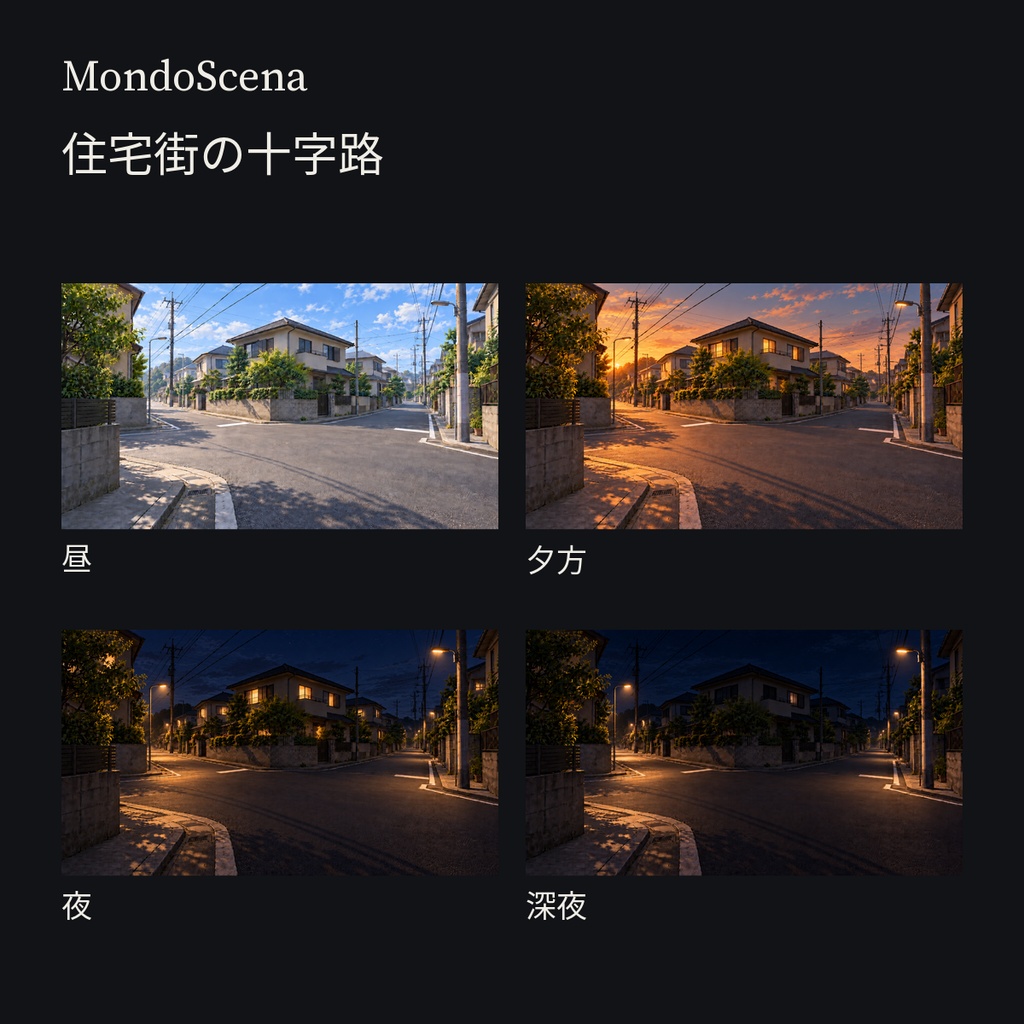 日本の郊外住宅街背景16枚セット|十字路・細い路地・小さな公園・小川/遊歩道|昼・夕方・夜・深夜