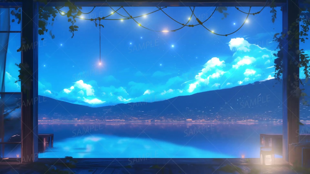 【動く背景】青い湖と星降る夜空