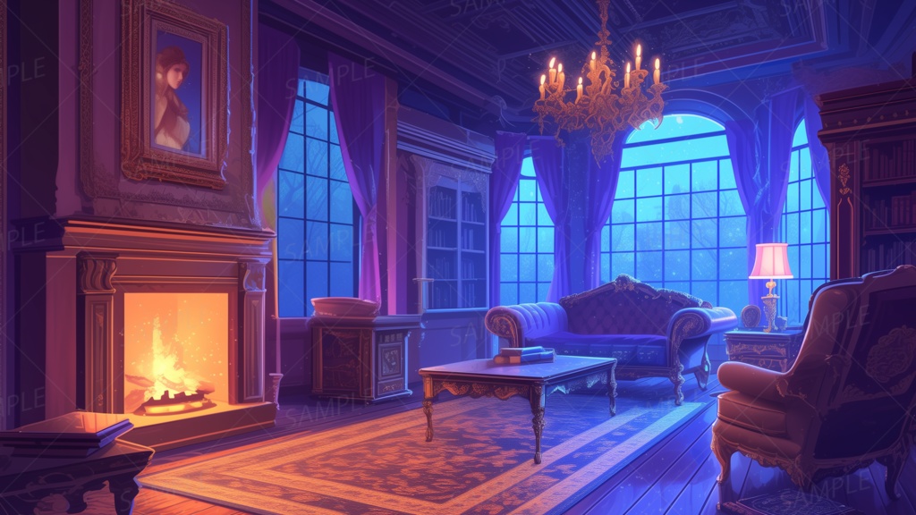 【動く背景】暖炉が照らす書棚と絵画の貴族の間