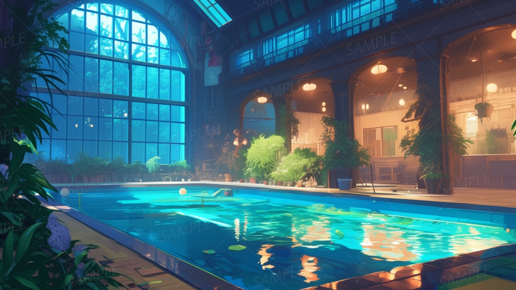 【動く背景】差し込む光と葉に満ちた室内プール