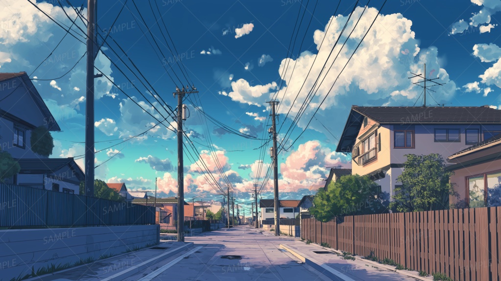 【背景】夕立のあとの誰もいない住宅街と空