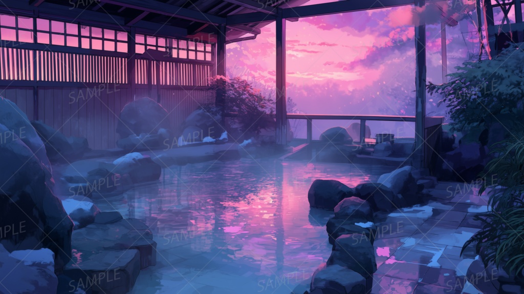 【動く背景】露天に灯る桃色の空と湯けむり