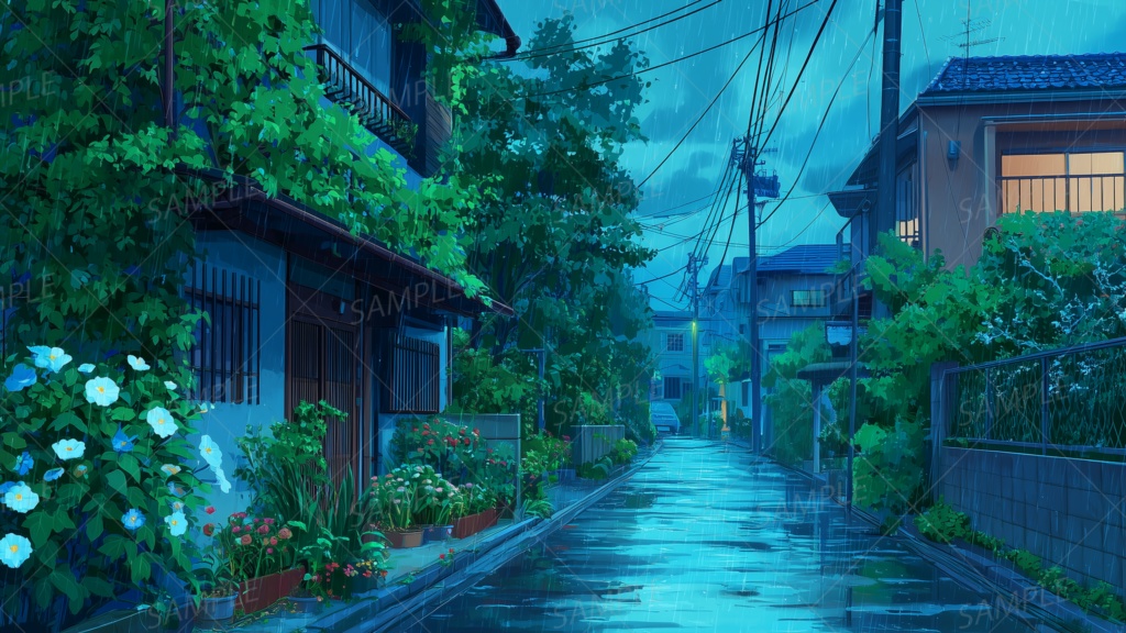【動く背景】雨に濡れる緑の路地