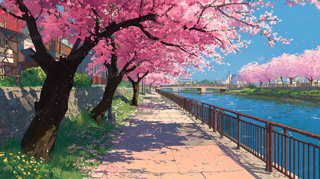 【背景】桜並木と春風の川辺