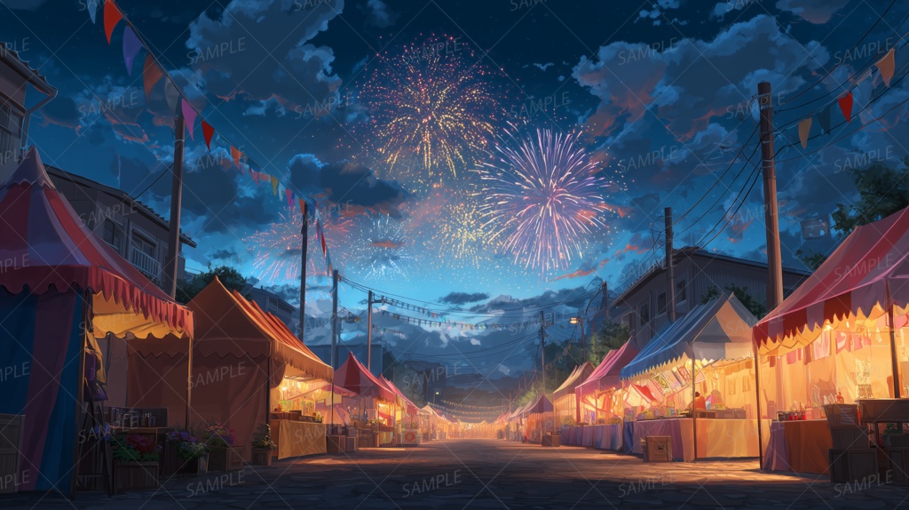 【背景】屋台通りと夜空の華
