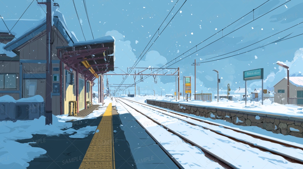 【背景】雪舞う無人駅と冬の空