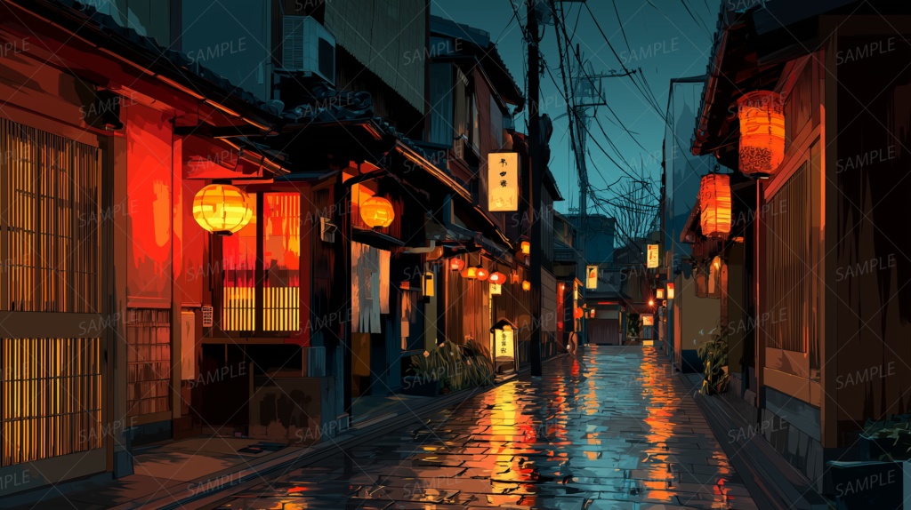 【背景】灯の小径と雨上がりの京町