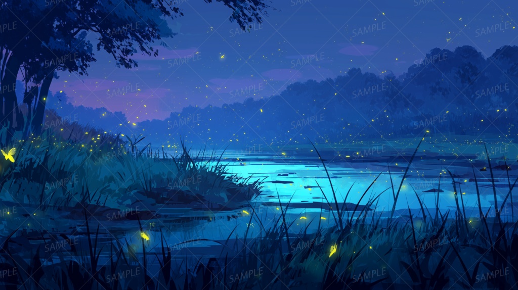 【背景】淡く光る水面と幻想の蛍