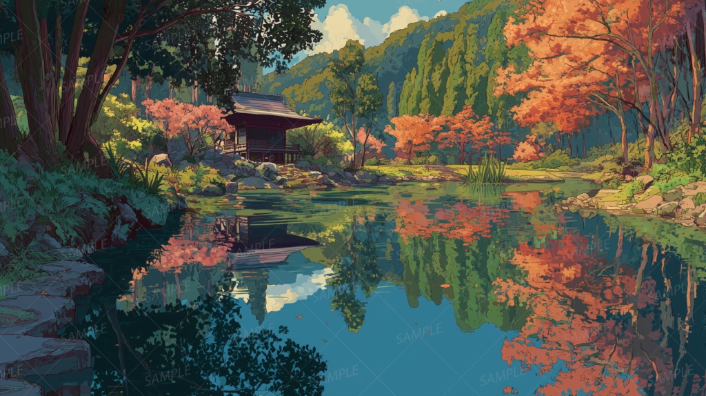 【背景】紅葉映る社と秋の水面