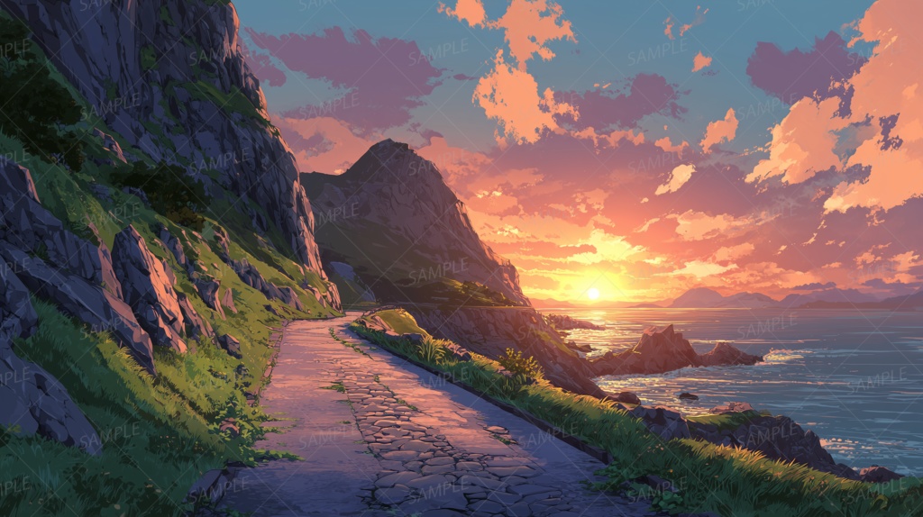 【背景】夕陽に染まる海沿いの道
