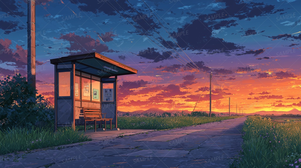 【背景】暮れゆく空と静寂のバス停