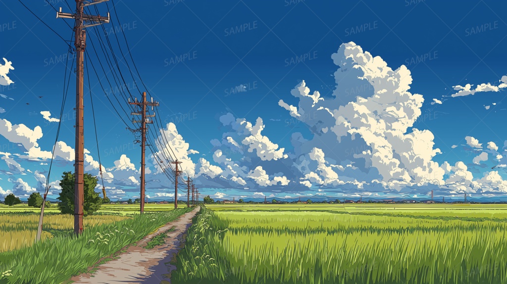 【背景】風が揺らす稲と雲