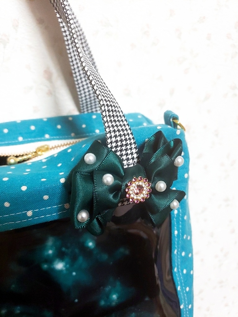 【ぬいといっしょ】ファスナー付きミニトート(緑ドット×緑リボン)