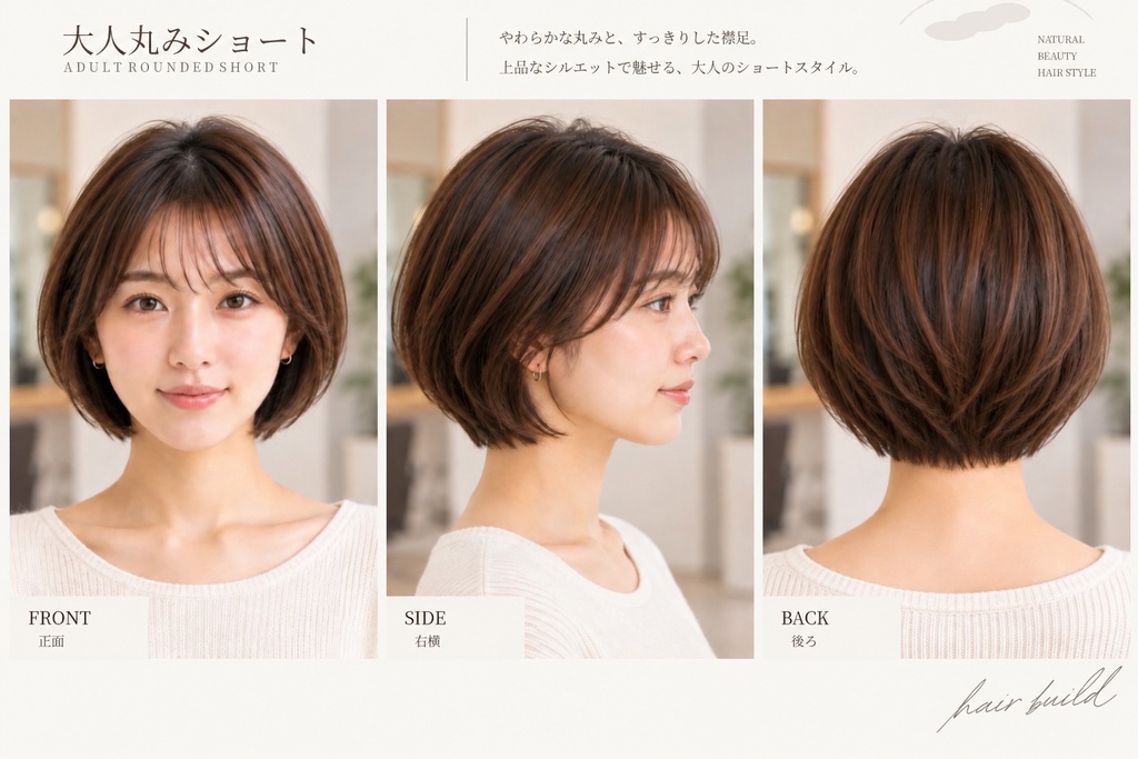 【ADULT 30｜30代】美容師・ヘアサロン向け ヘアカタログ素材｜大人丸みショート｜3方向＋商品説明｜商用利用OK