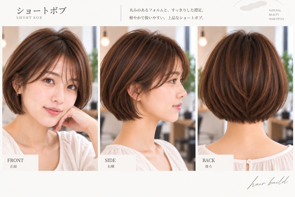 【BASIC｜王道・定番】美容師・ヘアサロン向け ヘアカタログ素材｜ショートボブ｜3方向＋商品説明｜商用利用OK