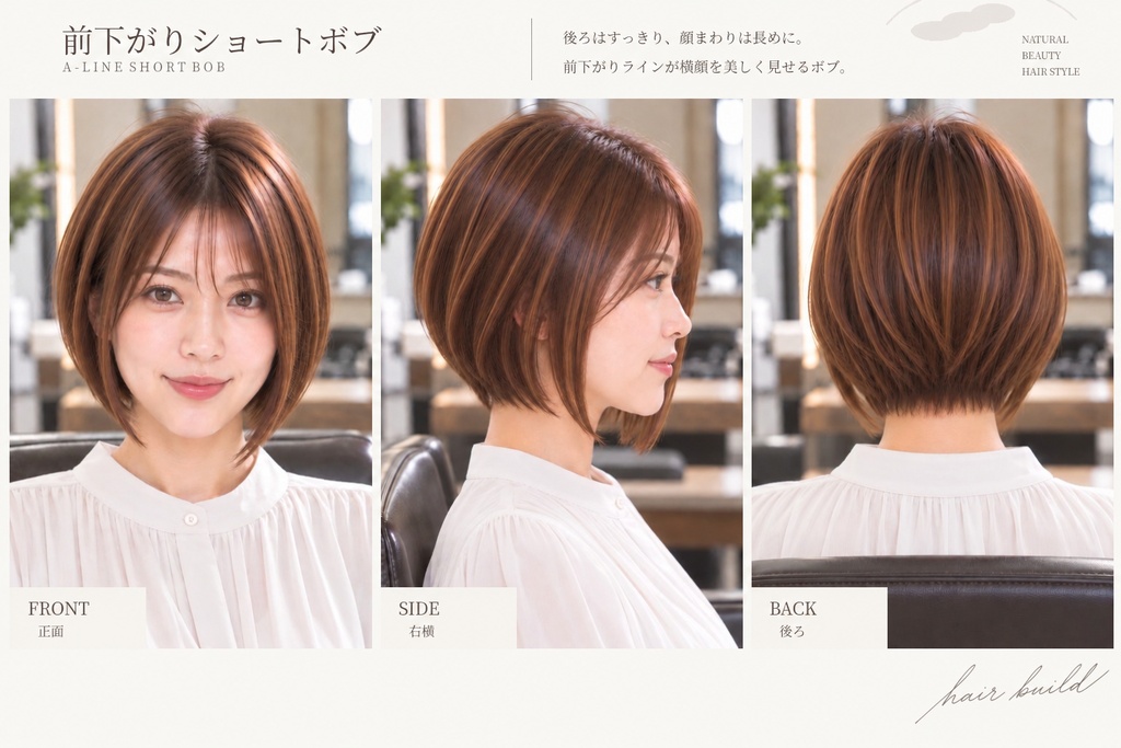 【BASIC｜王道・定番】美容師・ヘアサロン向け ヘアカタログ素材｜前下がりショートボブ｜3方向＋商品説明｜商用利用OK