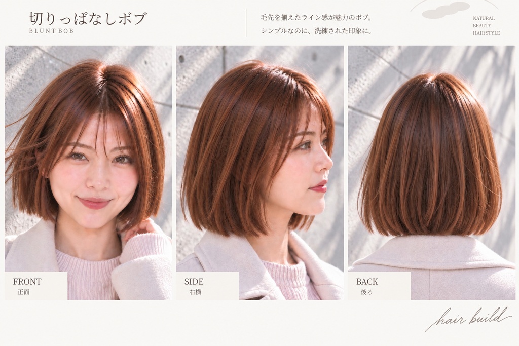【TREND｜トレンド】美容師・ヘアサロン向け ヘアカタログ素材｜切りっぱなしボブ｜3方向＋商品説明｜商用利用OK