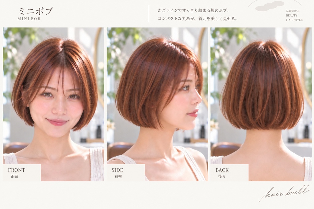 【BASIC｜王道・定番】美容師・ヘアサロン向け ヘアカタログ素材｜ミニボブ｜3方向＋商品説明｜商用利用OK