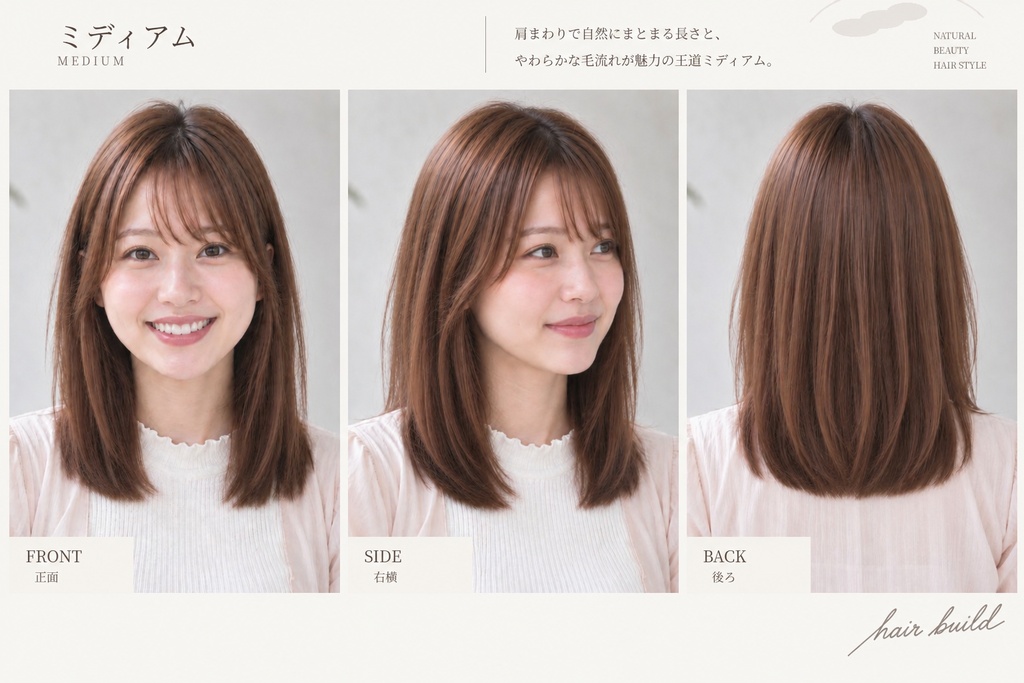 【BASIC｜王道・定番】美容師・ヘアサロン向け ヘアカタログ素材｜ミディアム｜3方向＋商品説明｜商用利用OK