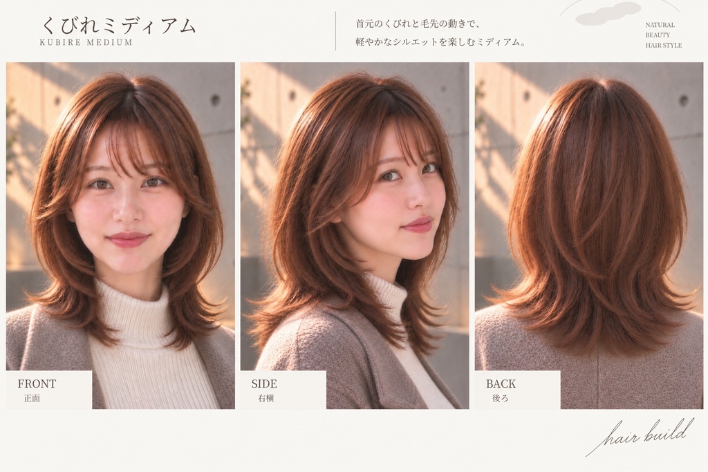 【ADULT 30｜30代】美容師・ヘアサロン向け ヘアカタログ素材｜くびれミディアム｜3方向＋商品説明｜商用利用OK