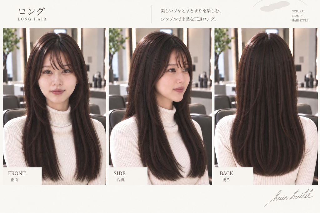 【BASIC｜王道・定番】美容師・ヘアサロン向け ヘアカタログ素材｜王道ロング｜3方向＋商品説明｜商用利用OK