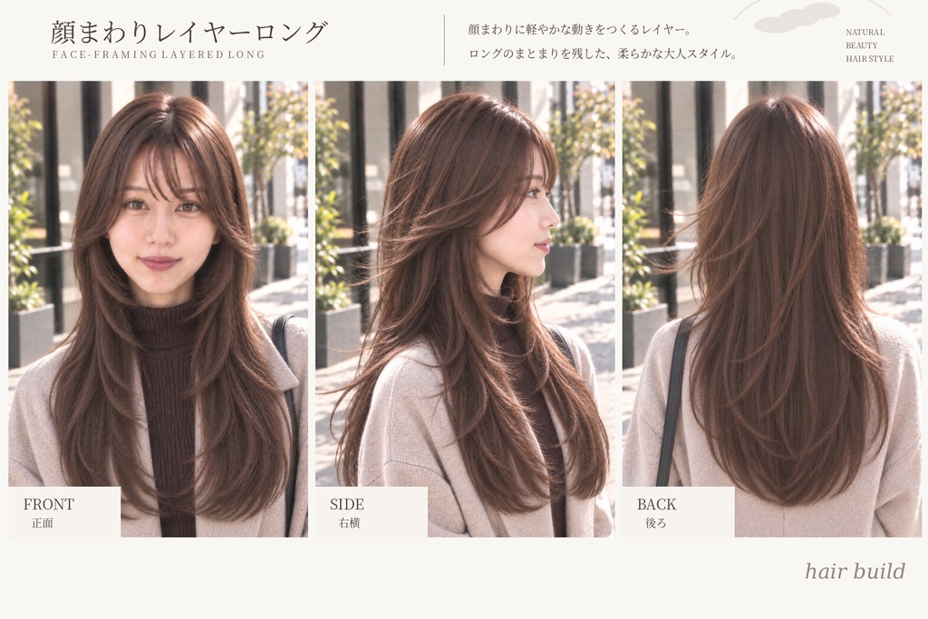 【TREND｜トレンド】美容師・ヘアサロン向け ヘアカタログ素材｜顔まわりレイヤーロング｜3方向＋商品説明｜商用利用OK