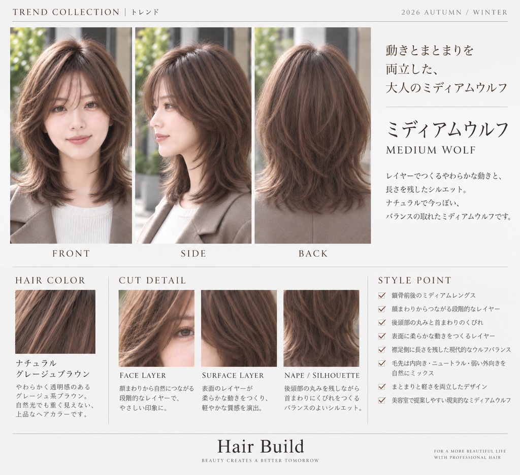 【TREND COLLECTION｜ミディアムウルフ】美容師・ヘアサロン向け ヘアカタログ素材｜FRONT・SIDE・BACK＋商品説明｜商用利用OK