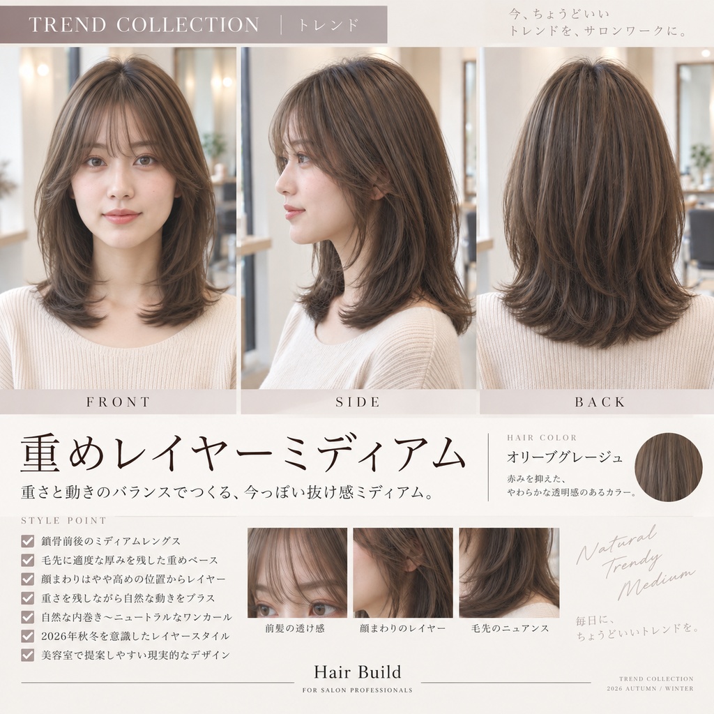 【TREND COLLECTION｜重めレイヤーミディアム】美容師・ヘアサロン向け ヘアカタログ素材｜FRONT・SIDE・BACK＋商品説明｜商用利用OK